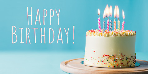 birthday cake with candles and Happy birthday text, food anniversary concept cover banner background.