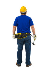 construction man workers in blue shirt with Protective gloves, helmet with tool belt hand holding hammer isolated on white