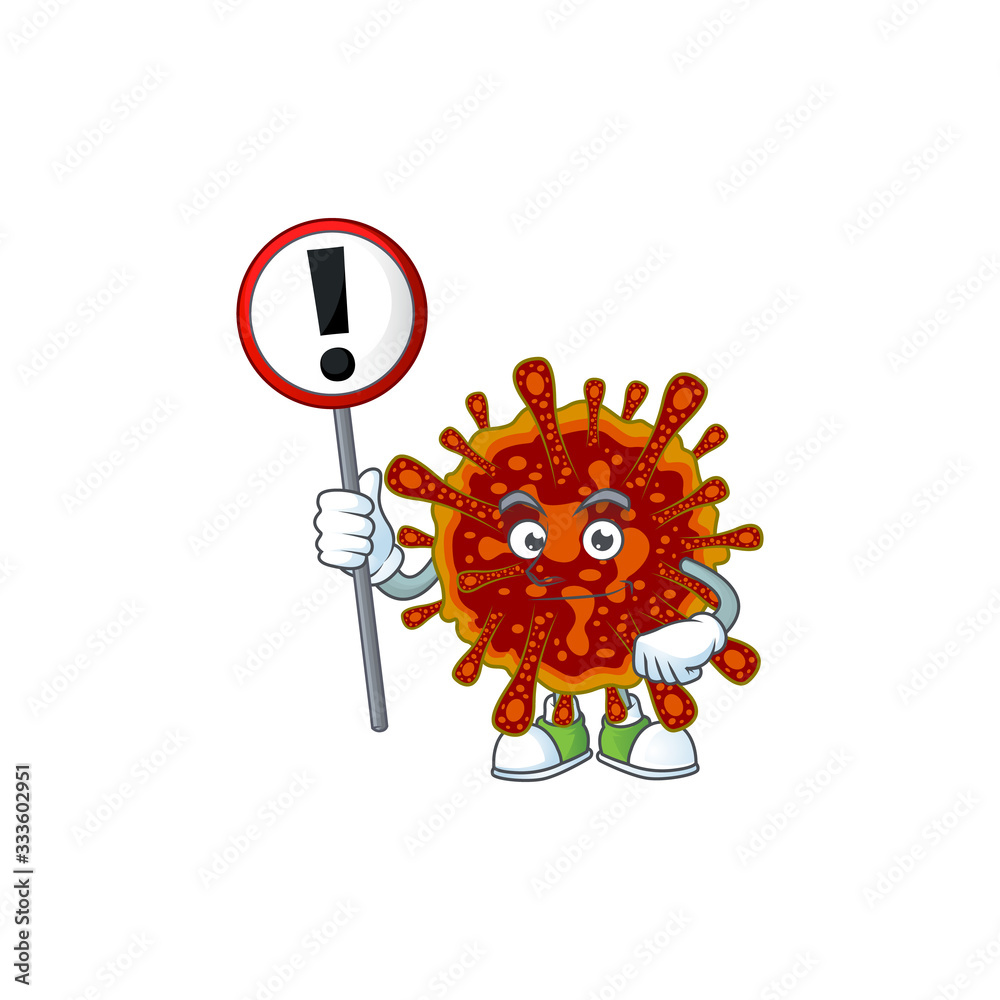 Sticker Smiling cartoon design of deadly coronvirus with a sign