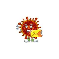 Cute face deadly coronvirus mascot design holding an envelope