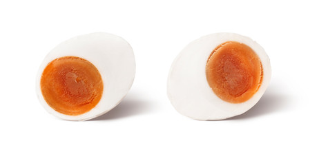 Salted egg yolk powder with salted eggs. Yummy and look delicious. isolated on white background