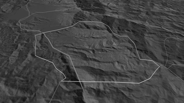 Centar Župa, municipality with its capital, zoomed and extruded on the bilevel map of Macedonia in the conformal Stereographic projection. Animation 3D