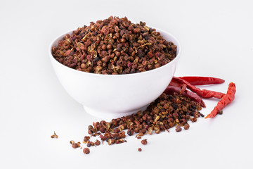 Chinese chili called Mala , paste, sauce , dried seed with dried red chili ,ingredient for Mala grilled street food ,isolated on white background