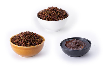 Chinese chili called Mala , paste, sauce , dried seed with dried red chili ,ingredient for Mala grilled street food ,isolated on white background