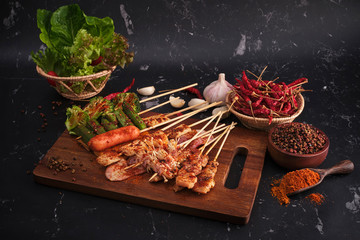 Group of Mala grilled barbecue (BBQ) with Sichuan pepper, Hot and spicy and delicious street food...