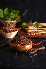 Group of Mala grilled barbecue (BBQ) with Sichuan pepper, Hot and spicy and delicious street food on wood board and ingredients ( Chilli,Sichuan pepper ,Garlic) food on black background.