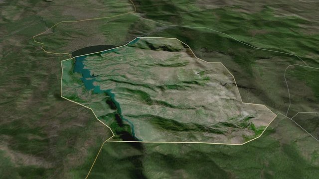 Centar Župa, municipality with its capital, zoomed and extruded on the satellite map of Macedonia in the conformal Stereographic projection. Animation 3D