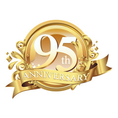 95 years golden anniversary logo celebration with ring and ribbon