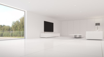 View of white living room in modern style with leather sofa on bright tile floor.minimal interior design with TV and cabinet on white wall, 3d rendering.