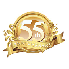 55 years golden anniversary logo celebration with ring and ribbon