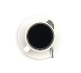 black coffee in coffee cup with spoon top view isolated on white background