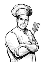 Naklejka premium Smiling restaurant chef. Ink black and white drawing