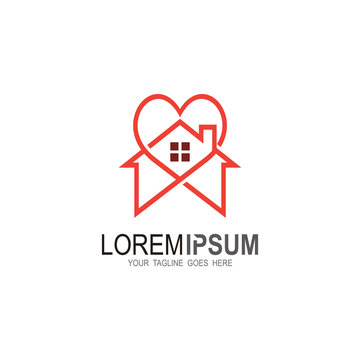 House logo with love design, Line icon, Heart logo