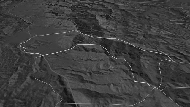 Debar, municipality with its capital, zoomed and extruded on the bilevel map of Macedonia in the conformal Stereographic projection. Animation 3D