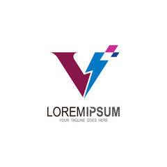 letter v with thunder logo design template, voltage icon, danger logo 