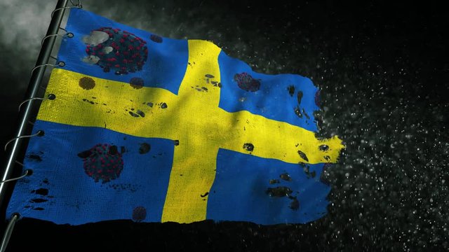 The flag of Sweden is torn and marked with the virus of covid-19 or corona
