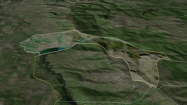 Debar, municipality with its capital, zoomed and extruded on the satellite map of Macedonia in the conformal Stereographic projection. Animation 3D