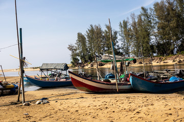 A local fishing village and clean beach with Casuarina plantation and blue sky as background