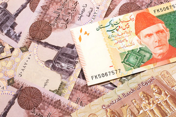A close up image of a gray and pink twenty Pakistani rupee bank note with Egyptian one pound bank notes in macro