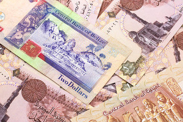 A close up image of a colorful two dollar bill from Belize with a pile of Egyptian one pound bank notes in macro