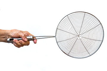 Senior woman's left hand holding Colander, Stainless sieve for cooking on white background, Close up shot, Selective focus, Kitchen utensils concept
