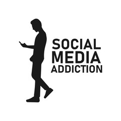 Young adult man looking at phone while walking. Guy distracted by smartphone. Online chatting concept. Social media network addiction. Messaging app - Simple silhouette icon or symbol illustration.