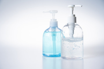 Close up hand sanitizer gel pump bottle, alcohol gel for prevention coronavirus disesse 2019 (COVID-19), bacteria and germ with copy space, health care concept