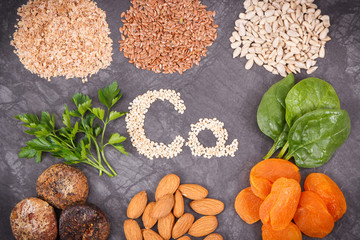 Different ingredients as source calcium, natural minerals and fiber. Concept of healthy lifestyle and nutrition