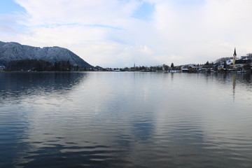 Lakeside view with distant town 