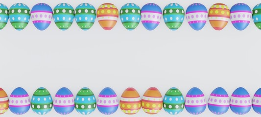 Easter eggs with colorful stripes and polka dots. White background. 3d rendering.