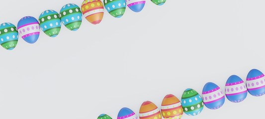 Easter eggs with colorful stripes and polka dots. White background. 3d rendering.
