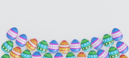 Fototapeta na wymiar Easter eggs with colorful stripes and polka dots. White background. 3d rendering.