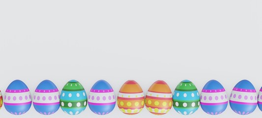 Easter eggs with colorful stripes and polka dots. White background. 3d rendering.