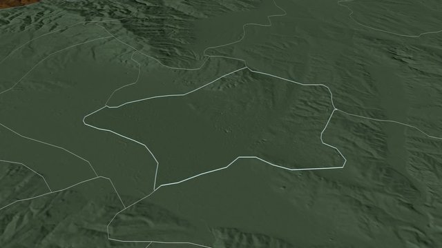 Ilinden, municipality with its capital, zoomed and extruded on the administrative map of Macedonia in the conformal Stereographic projection. Animation 3D