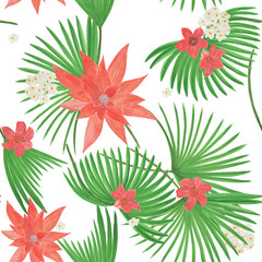 Watercolor painting seamless pattern with beautiful exotic flowers and tropical leaves