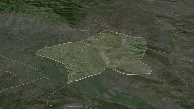 Ilinden, municipality with its capital, zoomed and extruded on the satellite map of Macedonia in the conformal Stereographic projection. Animation 3D