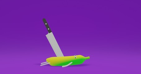 Banana life illustration impaled by knife. 3D fruit miniature in purple background