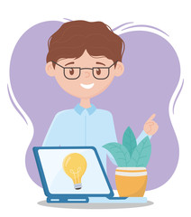 online education, teacher with laptop and plant creativity design