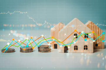 Double exposure of Financial stock market graph and rows of coins growth, abstract and symbol for...