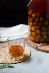 Umeshu or Japanese plum wine in glass.