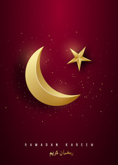 Obraz na płótnie Canvas Ramadan kareem poster with golden crescent moon, star and sparcles. Vector concept design for banners, greeting cards and social media..