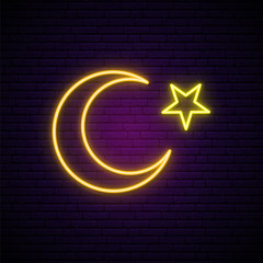 Ramadan Kareem bright night signboard. Islamic symbol crescent moon with a star in neon style. Stock vector illustration. © greens87