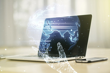 Abstract creative digital world map on modern computer background, globalization concept....