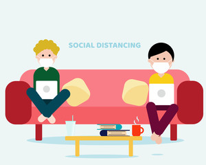Social Distancing with COVID-19 crisis concept: There are people who wear face masks and work from home for protect corona virus. Cartoon vector style for your design.