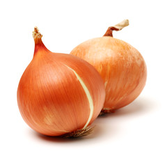 Gold onion vegetable bulbs on white background