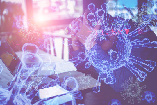 Coronavirus (covid-19) spread in the workplace, 3D rendering of virus