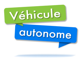 Autonomous vehicle in colored speech bubbles and french language