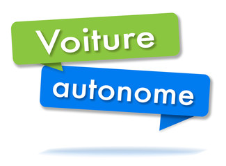Autonomous car in colored speech bubbles and french language