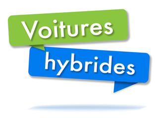 Hybrid cars in colored speech bubbles and french language