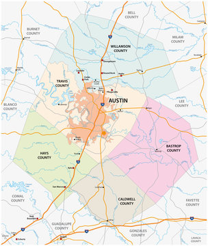 Road And Administrative Vector Map Of Greater Austin, Texas, United States